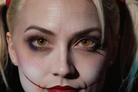 Close-up, (as Harley Quinn, clown makeup), grim smile, relaxed pose, portrait movie shot, serious, menacing, chiaroscuro style photo, dark background, minimalism, dramatic lighting, professional quality, dull highlights and shadows, natural and original
photorealistic, UHD, 32k, photo real, photo realistic, (skin detail), (skin pores), 
 detailed_eye_model <lora:detailed_eye_model:2>