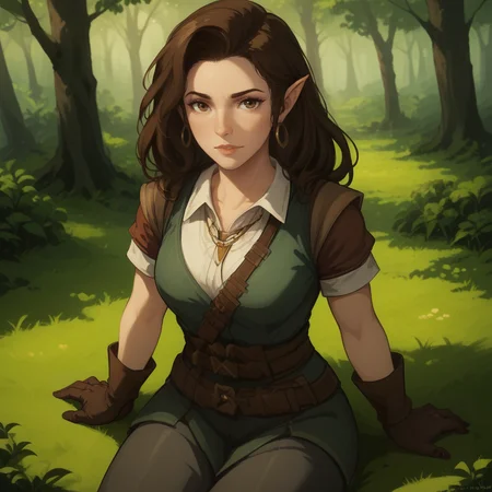 score_9, score_8_up, score_7_up, cowboy shot, from above, 1girl, <lora:Octavia_Pathfinder_Kingmaker_PXL:1> octavia_kingmaker, sitting, on grass, BREAK outdoors, forest background, shady forest, god rays, heavy foliage