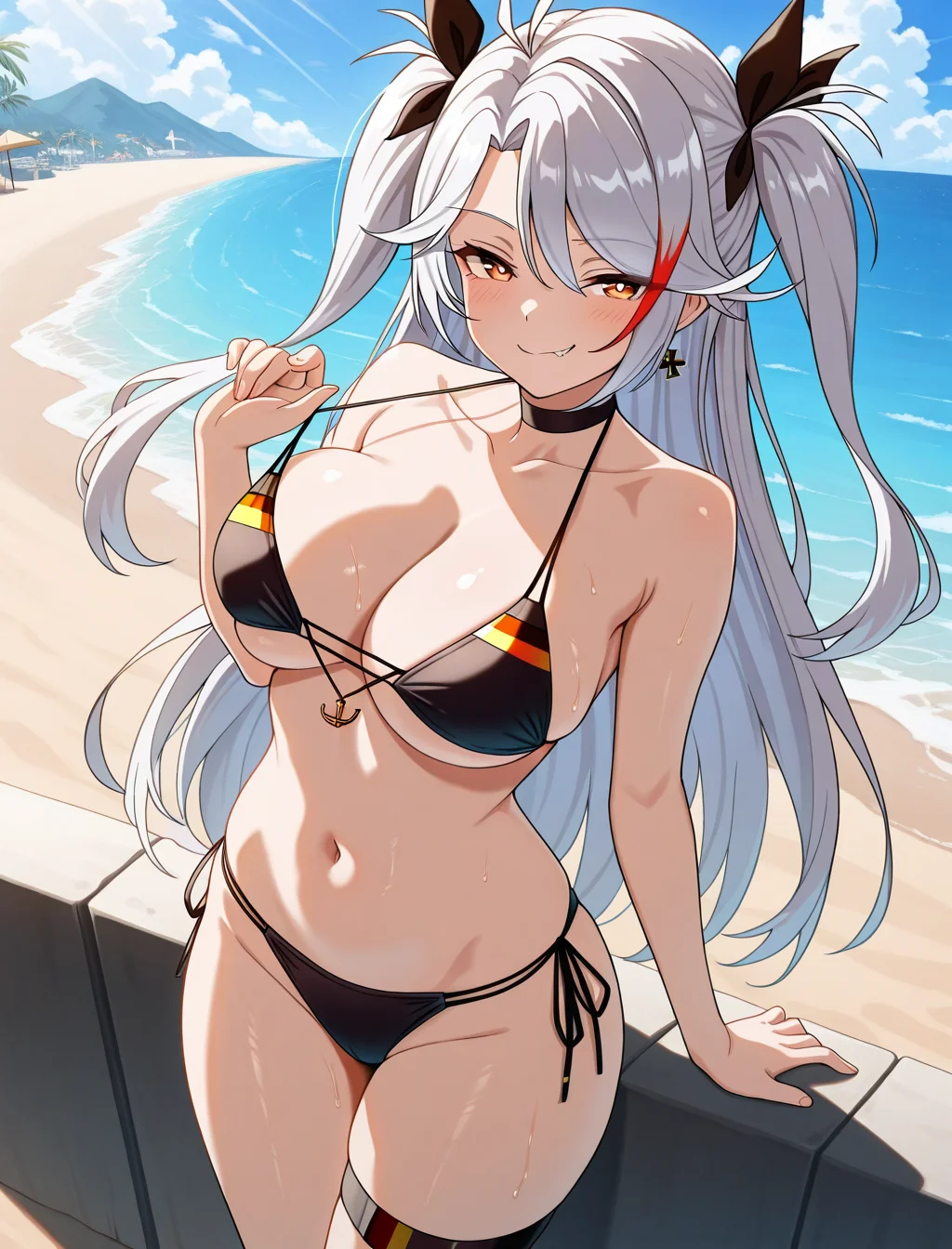 (masterpiece) ,best quality,amazing quality,very aesthetic,absurdres,newest, anime style, <lora:Unfading_Smile_Prinz_Eugen_Azur_Lane_IL:1>, US_Prinzy, fully clothed, standing, beach, smug