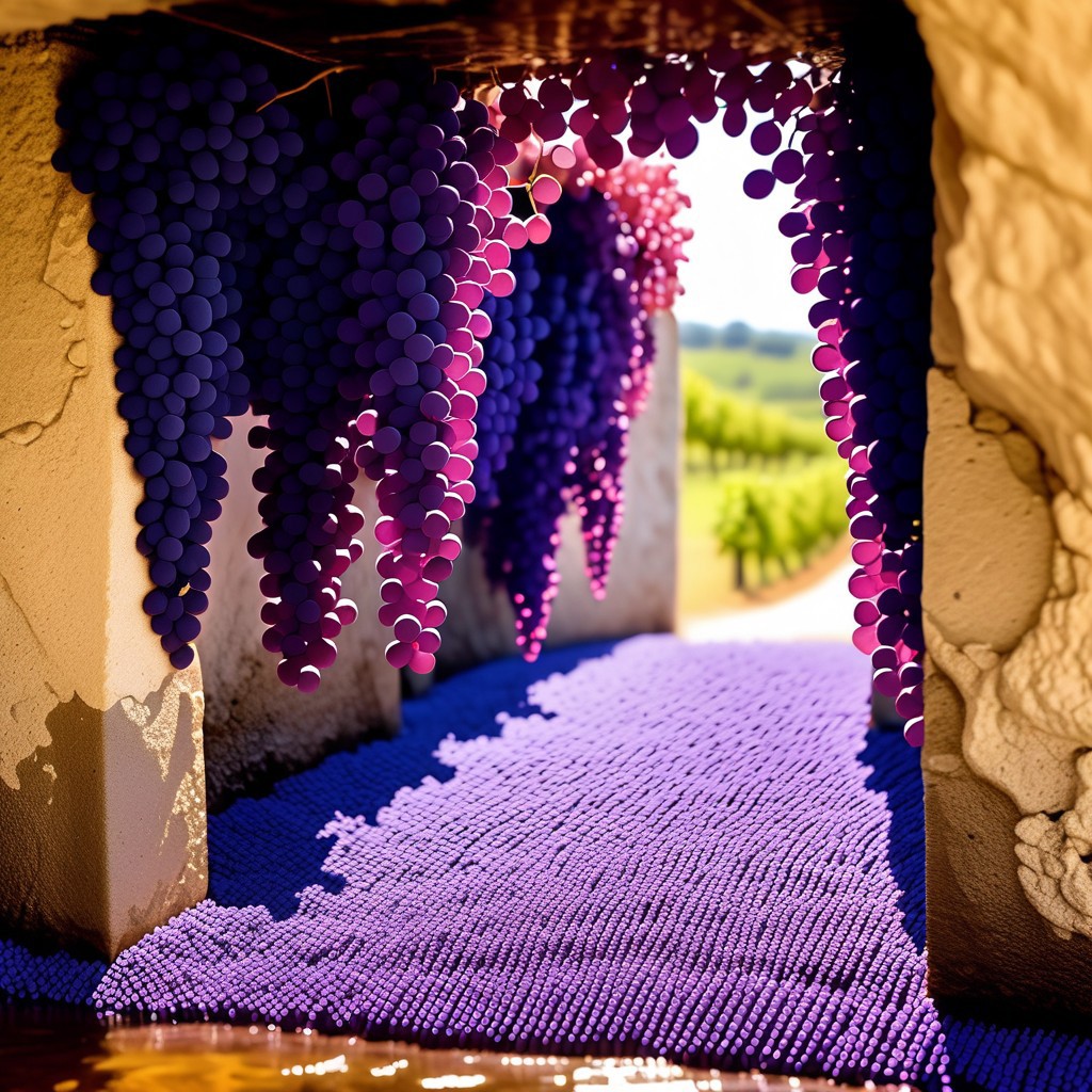 Ungound vineyard, vines creeping over cave wall in light of purple crystals. Masterpiece, best, detailed