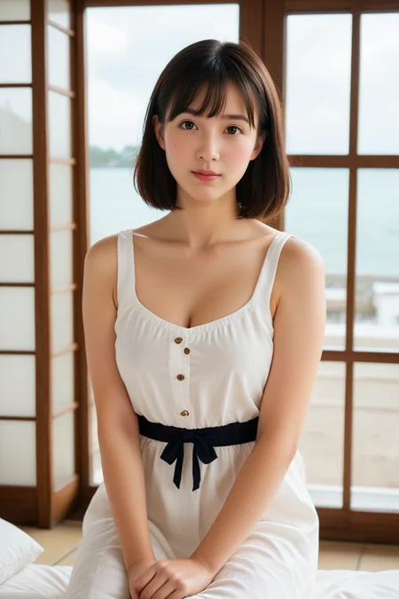 1girl, Long black hair, bangs,(summer dress:1.3),
Beautiful 20 year old Japanese girl,large nature breasts,
looking at viewer,,cowboy shot, light smile,
,portrait,upper body,sitting,
<lora:sdxl_lightning_8step_lora:1>,
<lora:pony_xl_yawara:0.7>,yawara,
dojo,score_9,score_8_up,score_7_up,
Clouds Sky,old time city street ,dof,
masterpiece, best Quality,realistic Details,photography,