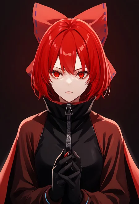 score_9, score_8_up, score_7_up, score_6_up, score_5_up, score_4_up, source_anime, solo, 1girl,
sekibanki, rocknbeat, red hair, red eyes, hair bow, bodysuit, black gloves, two-tone cape, long sleeves,
masterpiece, best quality, very aesthetic, absurdres,