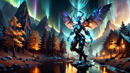 (masterpiece, best quality, fullscreen), [(full body:1.4)::0.3] portrait (photo of a colossal [Playful::0.2] [magical being:humanoid creature:0.4]:1.2), <lora:EYES GlowingRedEyeMeme:0.5> Glowing Eyes Meme, (bioluminescent glowing Overlapping skin:1.5), (Whimsical:0.5), (Defined Knuckles:0.5), (Double-Jointed Jaw Tufted Ears Demonic Wings Webbed Appendages:1.0), (Wormlike body shape:1.1), (Dog head:0.8), (Long Neck:1.1), (Admiration expression), <lora:EFFECT GearUniverse:0.2> (stone gears), <lora:MONSTER Creature:0.4> creature, <lora:EFFECT clockwork-style-darquelilly-v3:0.3> clockworkstyle, <lora:EFFECT aurora-style-richy-v1:0.3> aurorastyle, <lora:BACKGROUND duobackground.safetensors:0.3> (fantasy:1), ([Quantum Lights,Enchanted Moonlight]:1.1), (Incandescent atmosphere:1.3), , (look at the viewer:1.2), <lora:SLIDER weight_slider_v2:-0.5>, <lora:EFFECT Unleashed_V1.5_prunned:0.3>, <lora:LIGHT kkw-HDR-v1.0a:0.5> kkw-HDR, <lora:QUALITY kkw-better-v1.0a:0.1>, <lora:QUALITY add_detail:0.5>, <lora:QUALITY image enhancer medium_v1:0.5>, <lora:BACKGROUND booscapes_v2:0.4>, (Full body Shot, Shallow Focus Shot, Low Angle Shot:[1.2:0.5:0.1]), heavily detailed, whimsical, fairytale, haunting, , (sharp focus), <lora:EFFECT Magic card fakemtg_label:1> fakemtg, <lora:BUILDING German_architecture_last:0.6>, (no humans), (embedding:VIEW_Style-BlurFore), intricate, elegant, highly detailed, nature2.5cdn. com/assets/images/large/medium/large.jpg, trending on Artstation, octane render, HD, 20K, oil on Canvas by Elena Zhurikhina and Goro Fujita and Charlie Bowater, octane render, unreal engine, asymmetrical portrait, cinematic, woodland location, dynamic composition, trending on artstation, ultra realistic, ultra detailed,apixelography, subsurface scattering, high quality, highly detailed