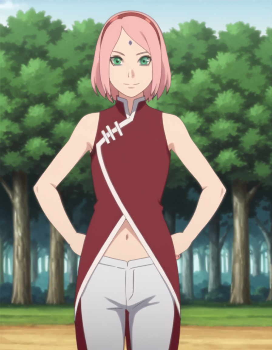 <lora:SakuraBNGPony:1> sakurabng, 1girl, short hair, pink hair, solo, red hairhand, sleeveless, forehead mark, green eyes,smile,navel, red hairband,white pants, looking at viewer, , cowboy shot,outdoors, tree,