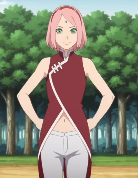 <lora:SakuraBNGPony:1> sakurabng, 1girl, short hair, pink hair, solo, red hairhand, sleeveless, forehead mark, green eyes,smile,navel, red hairband,white pants, looking at viewer, , cowboy shot,outdoors, tree,