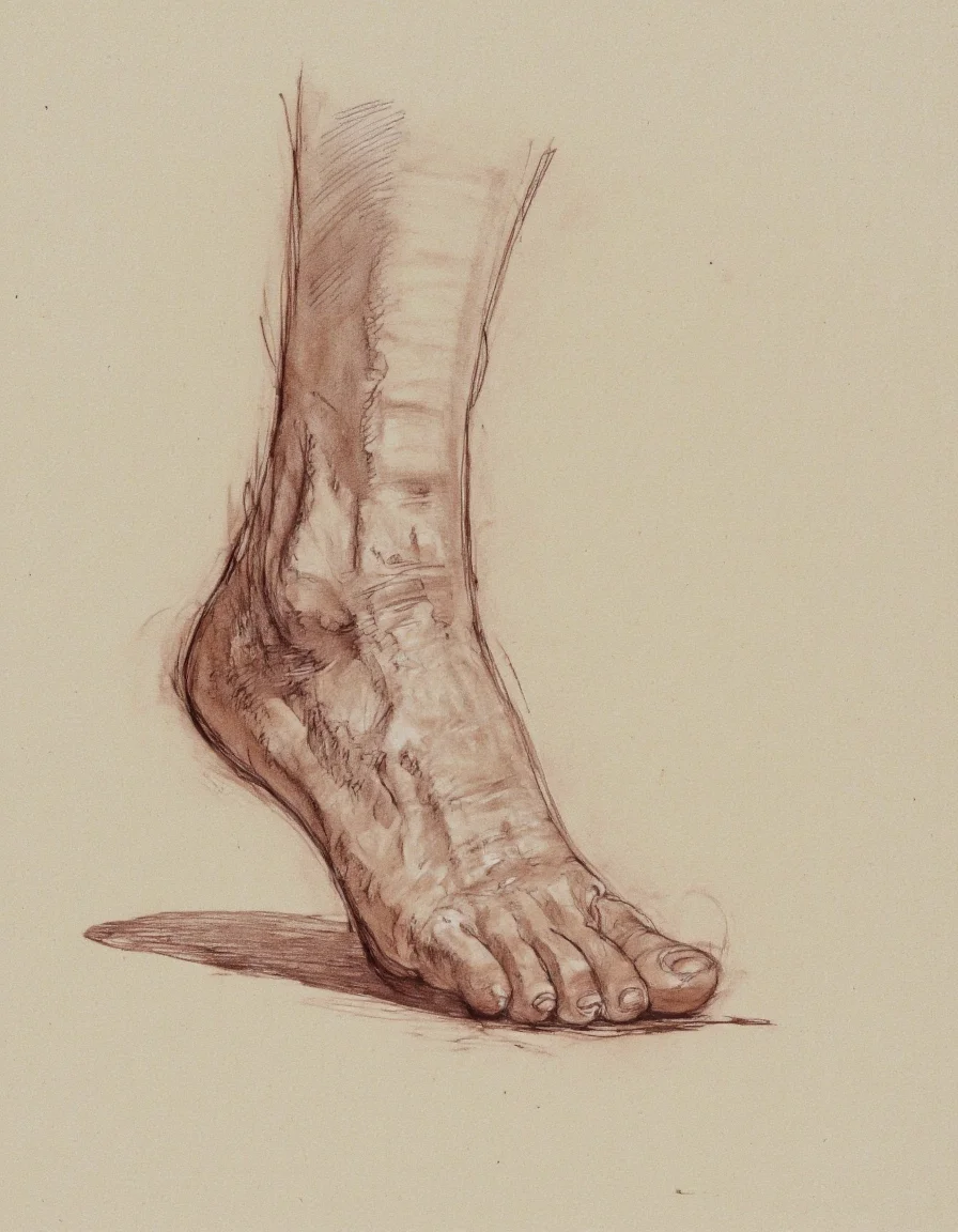 Art by Patrick Jones. A realistic, detailed, realistic pencil drawing of a male foot, showing the soles and toes. the foot appears to be completely nude, with a smooth, elongated shape and a slightly wrinkled texture, and is positioned in the center of the frame. the focus is on the foot and the texture of the skin, which is detailed and realistic. the background is a plain, beige-colored paper, which serves as a neutral backdrop for the drawing. the image also shows a slight shadow, which adds to the sense of depth and dimension to the overall composition.
Shading, Freehand Drawing, Loose Lines, Gestural, Outline.