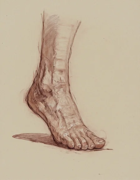 Art by Patrick Jones. A realistic, detailed, realistic pencil drawing of a male foot, showing the soles and toes. the foot appears to be completely nude, with a smooth, elongated shape and a slightly wrinkled texture, and is positioned in the center of the frame. the focus is on the foot and the texture of the skin, which is detailed and realistic. the background is a plain, beige-colored paper, which serves as a neutral backdrop for the drawing. the image also shows a slight shadow, which adds to the sense of depth and dimension to the overall composition.
Shading, Freehand Drawing, Loose Lines, Gestural, Outline.
