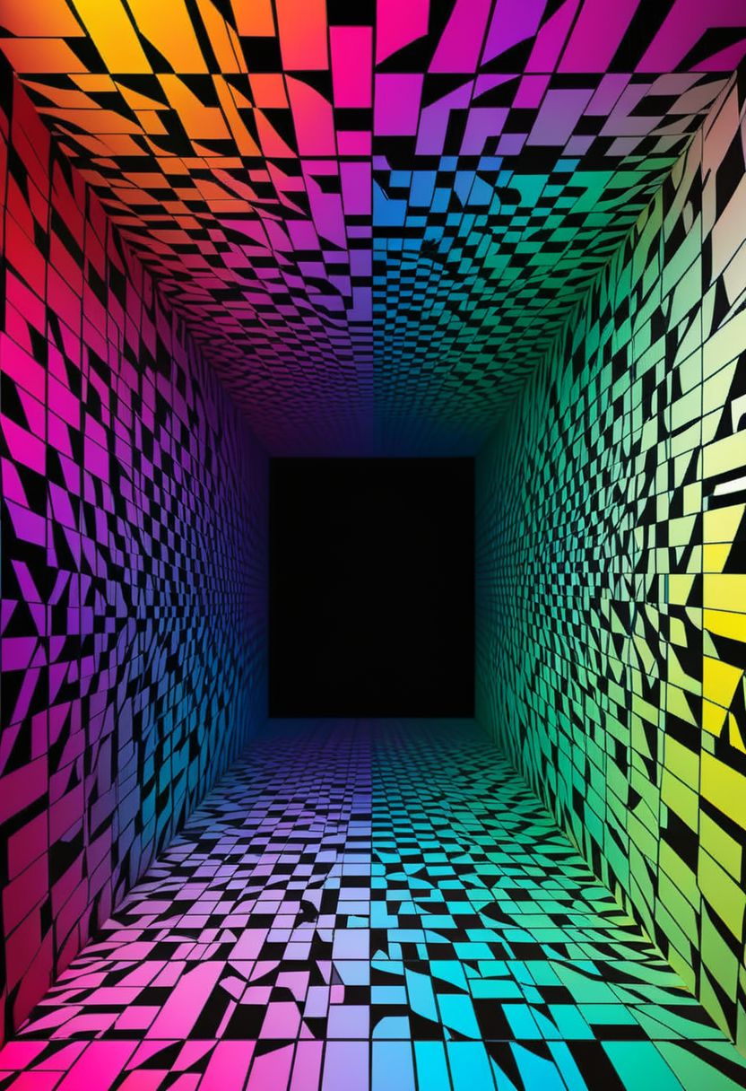 A captivating optical illusion image that plays with perspective and light, creating a mesmerizing and unforgettable visual experience. The illusion features an intricate pattern of intertwining lines and shapes that come together to form a stunning, larger-than-life image. The background is a gradient of vibrant colors, adding depth and dimension to the piece. This mind-bending artwork will leave viewers in awe with its stunning complexity and visual impact.