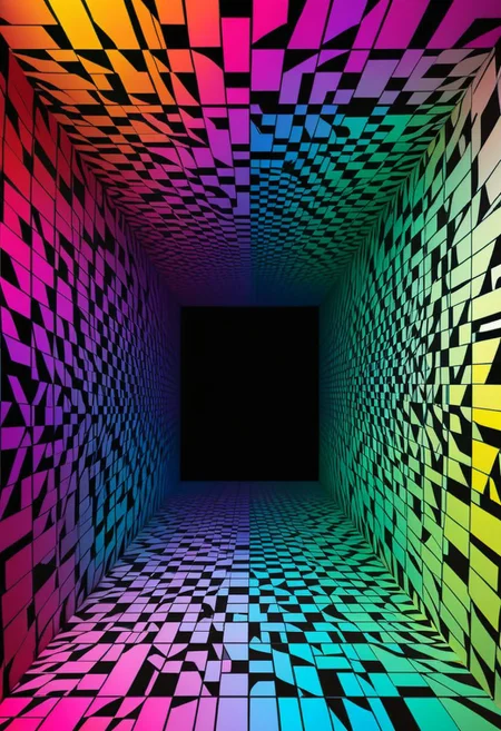 A captivating optical illusion image that plays with perspective and light, creating a mesmerizing and unforgettable visual experience. The illusion features an intricate pattern of intertwining lines and shapes that come together to form a stunning, larger-than-life image. The background is a gradient of vibrant colors, adding depth and dimension to the piece. This mind-bending artwork will leave viewers in awe with its stunning complexity and visual impact.