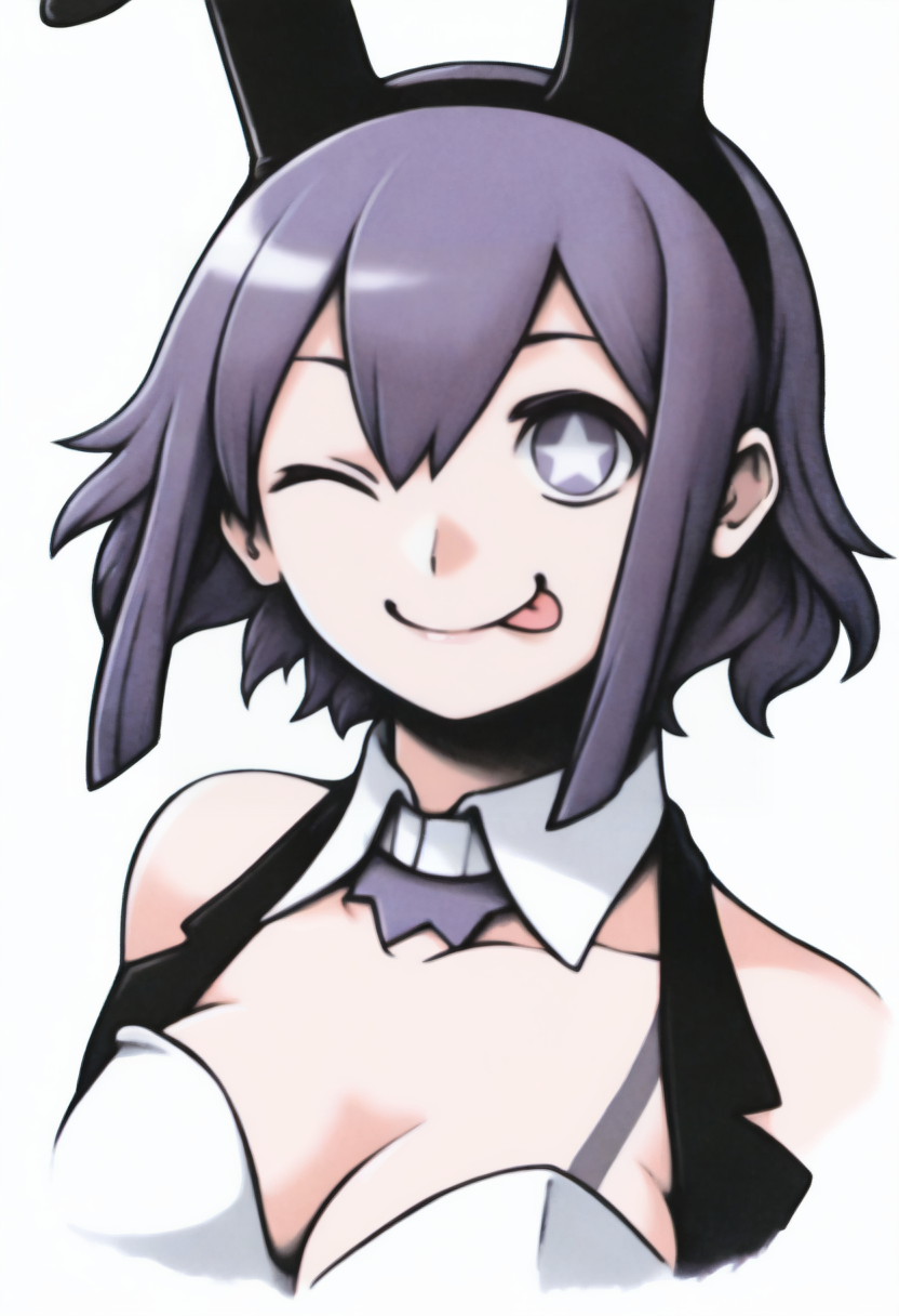 masterpiece, best quality, solo, 1girl, looking at viewer, <lora:FF7-Portraits-illus_Fp:1>, simple background, portrait, white background, <lora:Tico-illus_Fp:1>, ticodesu2, purple hair, purple eyes, star-shaped pupils, short hair, playboy bunny, rabbit ears, tattoo, detached collar, cleavage, sleeveless,  ;p,