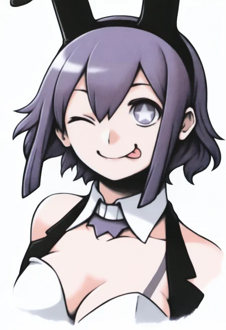 masterpiece, best quality, solo, 1girl, looking at viewer, <lora:FF7-Portraits-illus_Fp:1>, simple background, portrait, white background, <lora:Tico-illus_Fp:1>, ticodesu2, purple hair, purple eyes, star-shaped pupils, short hair, playboy bunny, rabbit ears, tattoo, detached collar, cleavage, sleeveless,  ;p,