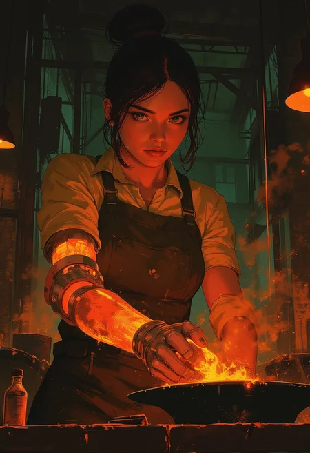 semi realism anime style, fantasy blacksmith forge, a female blacksmith with a glowing prosthetic hand, glowing burnt orange, blacksmith hammer, <lora:Glowing_Prosthetic:1>