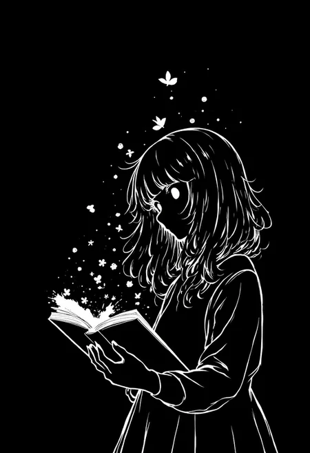 A dreamy, sketchy-style illustration of a little girl reading a book. From the book, magical outlines come to life: small adorable creatures, flowing spirals, butterflies, birds, and whimsical characters all floating in the air around her. The lines are fluid, delicate, and uneven, with expressive contours that enhance the sense of imagination and wonder. The scene feels magical, filled with emotion and the pure joy of storytelling. silhouette, glitch, black background, wires, cables, cyberpunk, dystopia