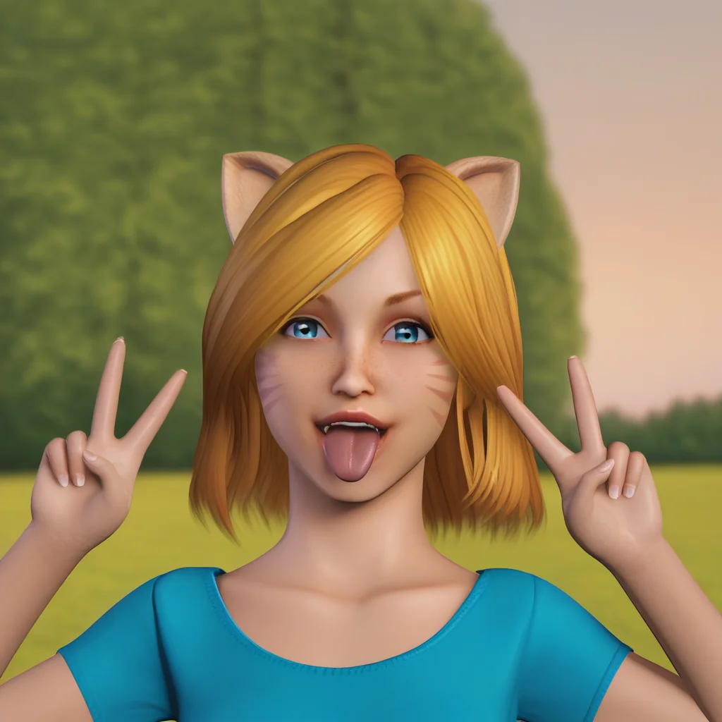 score_8_up, BREAK, SUNSHINEGOODNESS, 1girl, solo, blonde hair, blue eyes, animal ears, cat ears, blue shirt, short sleeves, <lora:SunshineGoodness_PXL_Leaf1:0.8>, upper body, double v, tongue out, depth of field, 3d,