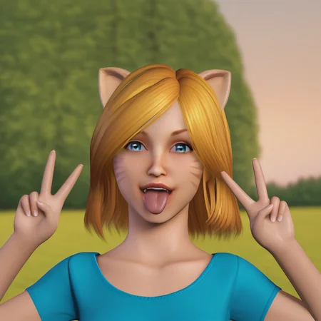 score_8_up, BREAK, SUNSHINEGOODNESS, 1girl, solo, blonde hair, blue eyes, animal ears, cat ears, blue shirt, short sleeves, <lora:SunshineGoodness_PXL_Leaf1:0.8>, upper body, double v, tongue out, depth of field, 3d,