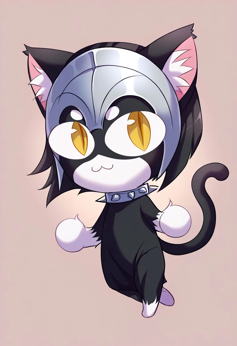 score_9, score_8_up, score_7_up, score_6_up, source_anime, Dormarth, 1girl, yellow eyes, furry female, black fur, white fur, tail, short hair, black hair, white eyebrows, body fur, spiked collar, helmet, adorable, beautiful, highly detailed, masterpiece, 4k, quality art, digital art, ((necoarccon, slit pupils, cat ears, chibi))