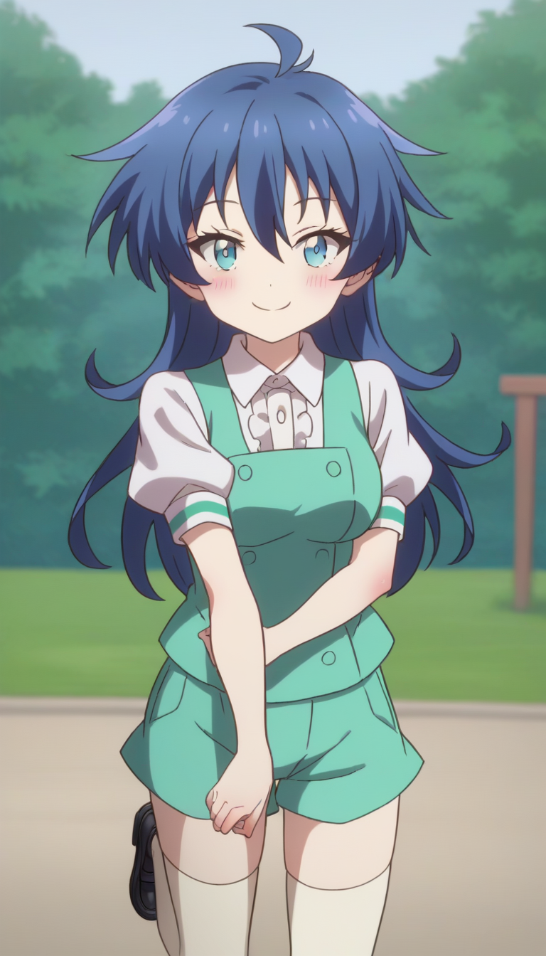 score_9,score_8_up,masterpiece,best quality,correct anatomy,anime_source,1girl,solo,perfect eyes,perfect arms,perfect legs,perfect face,outdoors,upper body,(portrait:1.5),looking at viewer,facing viewer,smile,blush,aged down,(petite:1.5),Lloyd de Saloum,ahoge,long hair,blue hair,hair bow,hair between eyes,bangs,blue eyes,green vest,white shirt,collared shirt,puffy short sleeves,large breasts,green shorts,zettai ryouiki,white thighhighs,loafers,black footwear,<lora:Lloyd de Saloum(tsdnod)-Pony:1.6>,