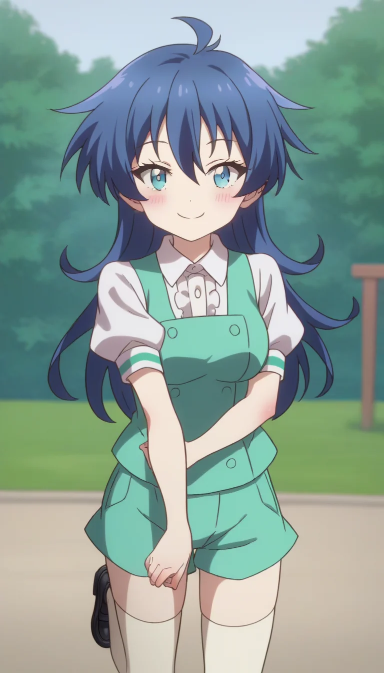 score_9,score_8_up,masterpiece,best quality,correct anatomy,anime_source,1girl,solo,perfect eyes,perfect arms,perfect legs,perfect face,outdoors,upper body,(portrait:1.5),looking at viewer,facing viewer,smile,blush,aged down,(petite:1.5),Lloyd de Saloum,ahoge,long hair,blue hair,hair bow,hair between eyes,bangs,blue eyes,green vest,white shirt,collared shirt,puffy short sleeves,large breasts,green shorts,zettai ryouiki,white thighhighs,loafers,black footwear,<lora:Lloyd de Saloum(tsdnod)-Pony:1.6>,