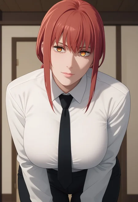 score_9, score_8_up, score_7_up, score_6_up,source_anime,rating_explecit, masterpiece, best quality, 8k, 8k UHD, ultra-high resolution, ultra-high definition, highres, 1girl, solo, boob focus.
mak1ma0, red hair, long hair, ringed eyes, white collared shirt, black pants, large breast, black necktie, braided ponytail,
s1z3d1ff_t4lk, taller girl, standing, legs straight, bent forwards, arched back, hands on knees, cleavage, breasts squished between arms, [[from below]:0.5], pov, eye contact