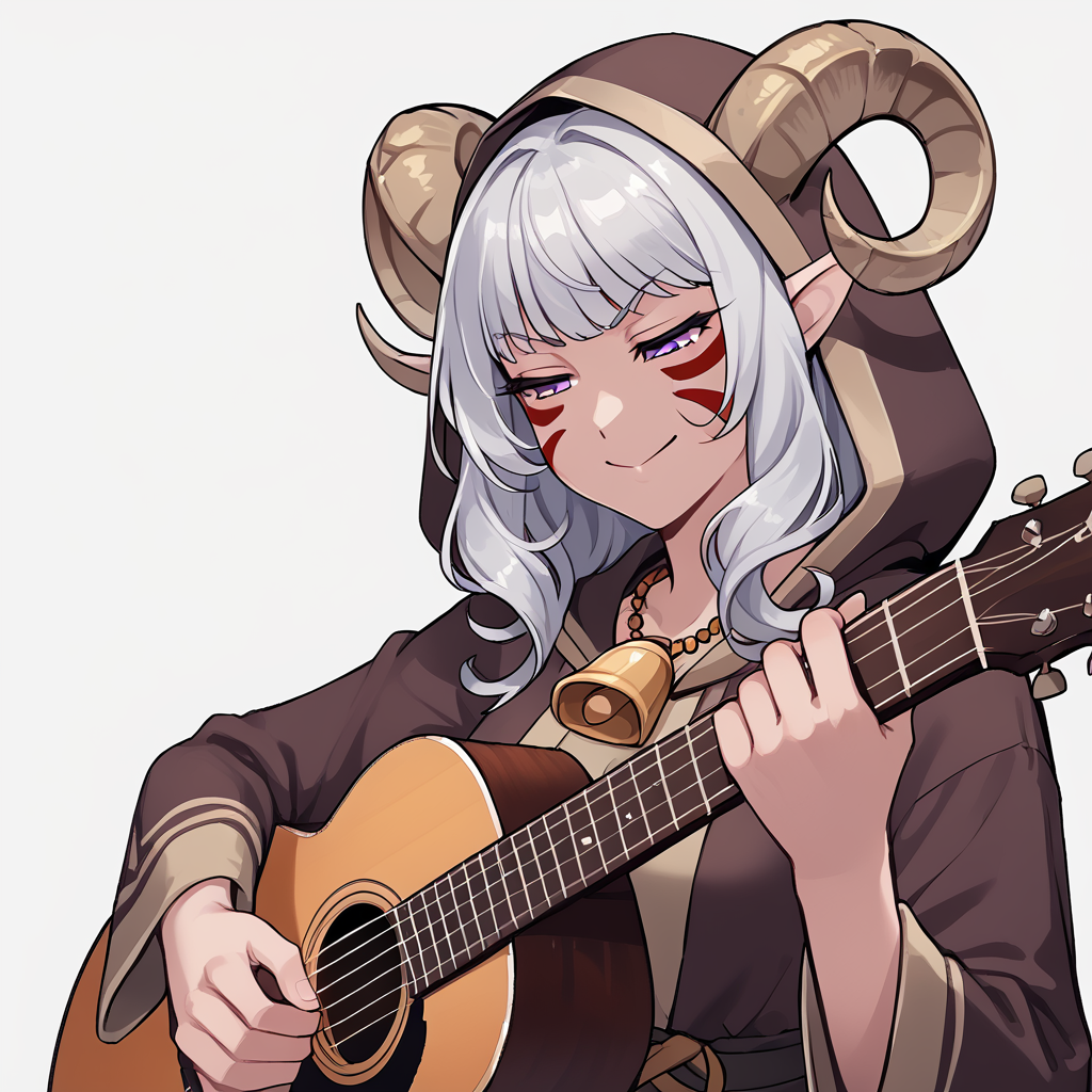 <lora:whisker_markings:0.8> red_whisker_markings:1.4, face paint,source_furry, score_7_up, rating_safe, cowboy shot, gold necklace, tiefing, short pointed ears, horns, (a pair of brown sheep Horns that begin at her temples and curve back: 1.5), bangs,long silver hair long wavy hair, pale skin, pointy ears, purple eyes:1.2, <lora:age_slider_v4:0.6>   medium breasts, skinny female, close up, silver hair <lora:Tieflingnew weird fantasyDND:0.3> Tiefling, pointed ears, horns, from above, angry, half-closed eyes:1.5, smile mouth:1.2,<lora:Smooth Style 2 SDXL_LoRA_Pony Diffusion V6 XL:0.5>  shepherd's crook, bell, robe, hood off, <lora:Nanoless_Artist_Style_PonyXL:0.3> , <lora:playing_guitar:1>  acoustic_guitar, playing_instrument,