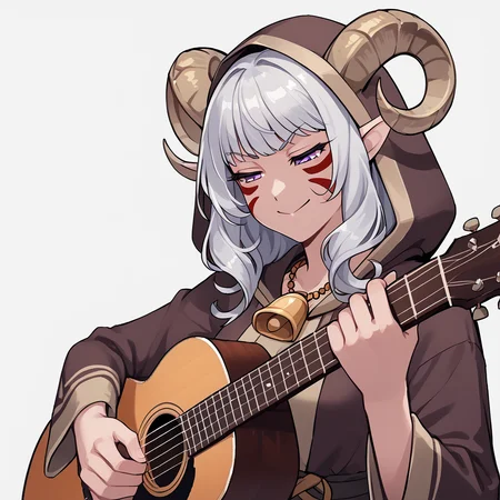 <lora:whisker_markings:0.8> red_whisker_markings:1.4, face paint,source_furry, score_7_up, rating_safe, cowboy shot, gold necklace, tiefing, short pointed ears, horns, (a pair of brown sheep Horns that begin at her temples and curve back: 1.5), bangs,long silver hair long wavy hair, pale skin, pointy ears, purple eyes:1.2, <lora:age_slider_v4:0.6> medium breasts, skinny female, close up, silver hair <lora:Tieflingnew weird fantasyDND:0.3> Tiefling, pointed ears, horns, from above, angry, half-closed eyes:1.5, smile mouth:1.2,<lora:Smooth Style 2 SDXL_LoRA_Pony Diffusion V6 XL:0.5> shepherd's crook, bell, robe, hood off, <lora:Nanoless_Artist_Style_PonyXL:0.3> , <lora:playing_guitar:1> acoustic_guitar, playing_instrument,
