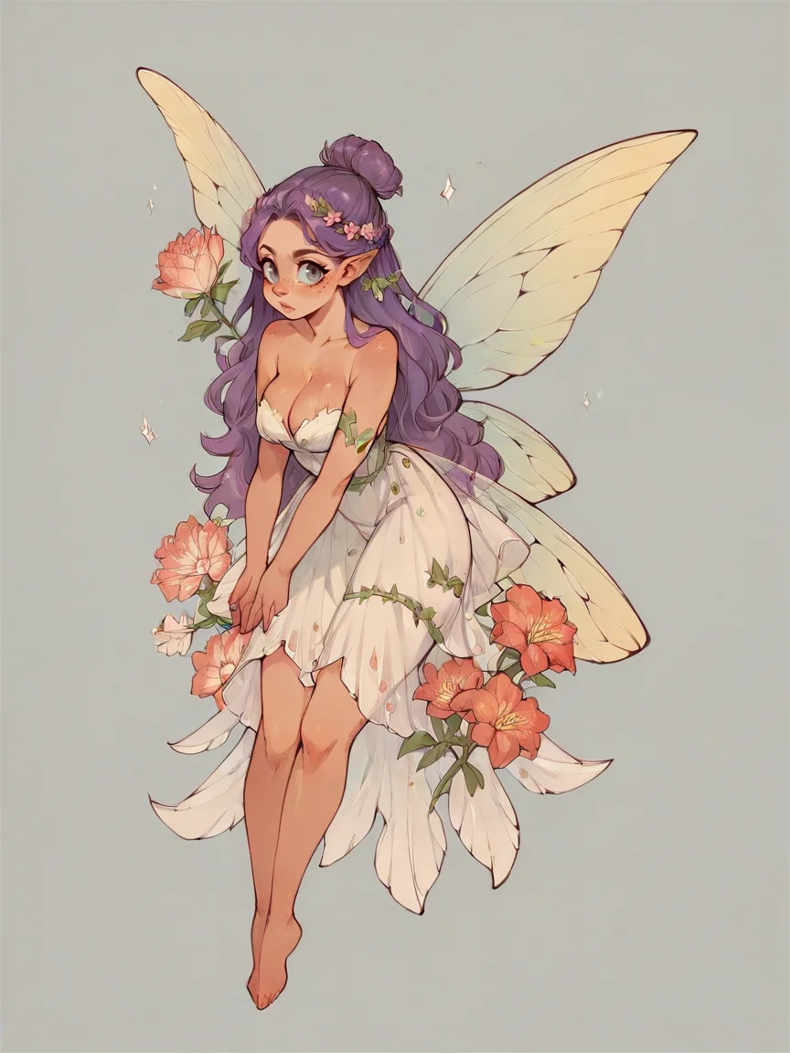 score_9, score_8_up, score_7_up, score_6_up, score_5_up, score_4_up, <lora:s0ftf41ryXLP:0.7> s0ftf41ry, large flower, fairy, curvy, purple hair, 1girl,