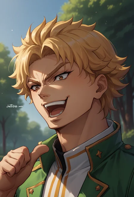 score_9, score_8_up, score_7_up, source_anime, thumb pointing, pointing at self, upper body, <lora:ThumbPointingAtSelf_XLPD:1>, dio brando, blonde hair, <lora:xl_kono dio da(pony):0.8> dio face, open mouth, smile, thumbs up