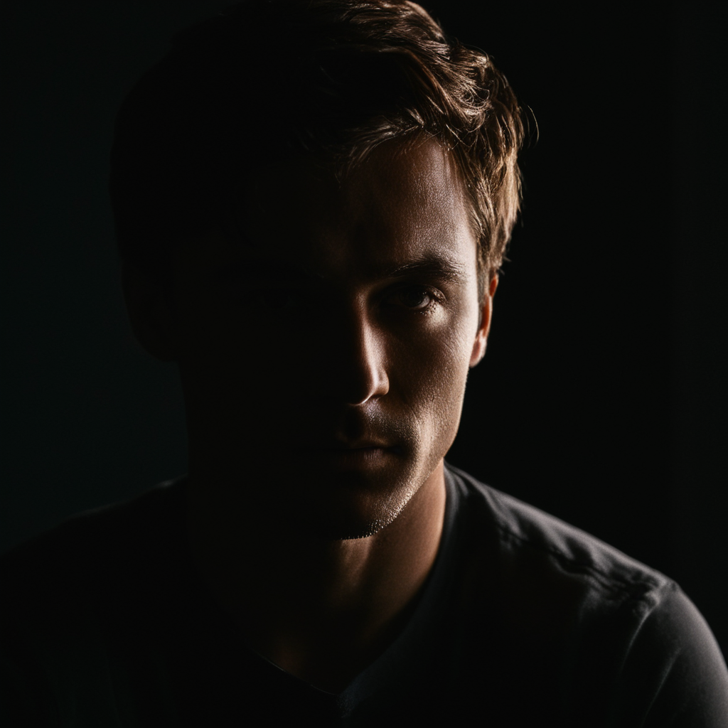 cinematic film still of  <lora:Split Lighting style v2:1>
Split Lighting Photography of a man in a dark room with a black background,solo,brown hair,1boy,male focus,black background,portrait,realistic,dark ,realistic , realistic, realism, photorealism, hyperrealism, hyperrealistic, realistic, sharp, detailed, cinematography style, film light style, movie still,  professional photography, artistic, perfection, contrast, cinematic, filmic, high quality photo,  8k quality, colorful, partially covered in shadow, dark shadow, split light, side light, Split Lighting Photography style, shallow depth of field, vignette, highly detailed, high budget, bokeh, cinemascope, moody, epic, gorgeous, film grain, grainy