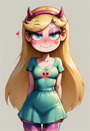 Faded Headshot, faded bottom, faded edges ,score_9,score_8_up,score_7_up,score_6_up,score_5_up, rating_safe,
1girl, starbutterfly, \(Star vs. the Forces of Evil\)/,(ultra HD quality details), blonde hair, long hair, very long hair, blue eyes, heart, facial mark, eyelashes,
horned headwear, hairband,
green dress, squid printed dress, short sleeves,
striped pantyhose, purple striped pantyhose, boots, purple boots,
star shaped bag, shoulder bag, small bag,
(skinny), cute, firm breasts, (petite girl), pretty girl, vivid colors,
beautiful, centered, looking at the camera, approaching perfection, dynamic, moonlight, highly detailed, watercolor painting, artstation, concept art, smooth, sharp focus, illustration,
small breasts, deep cleavage,