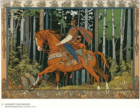 <lora:ivan-bilibin_pony_v1:1> ' illustration forest' by bilibin ivan in 1900,illustration \(genre\),art nouveau \(modern\) \(style\), textile, the artwork is a detailed illustration of a man riding a horse in a forest setting, score_9, score_6_up, score_7_up