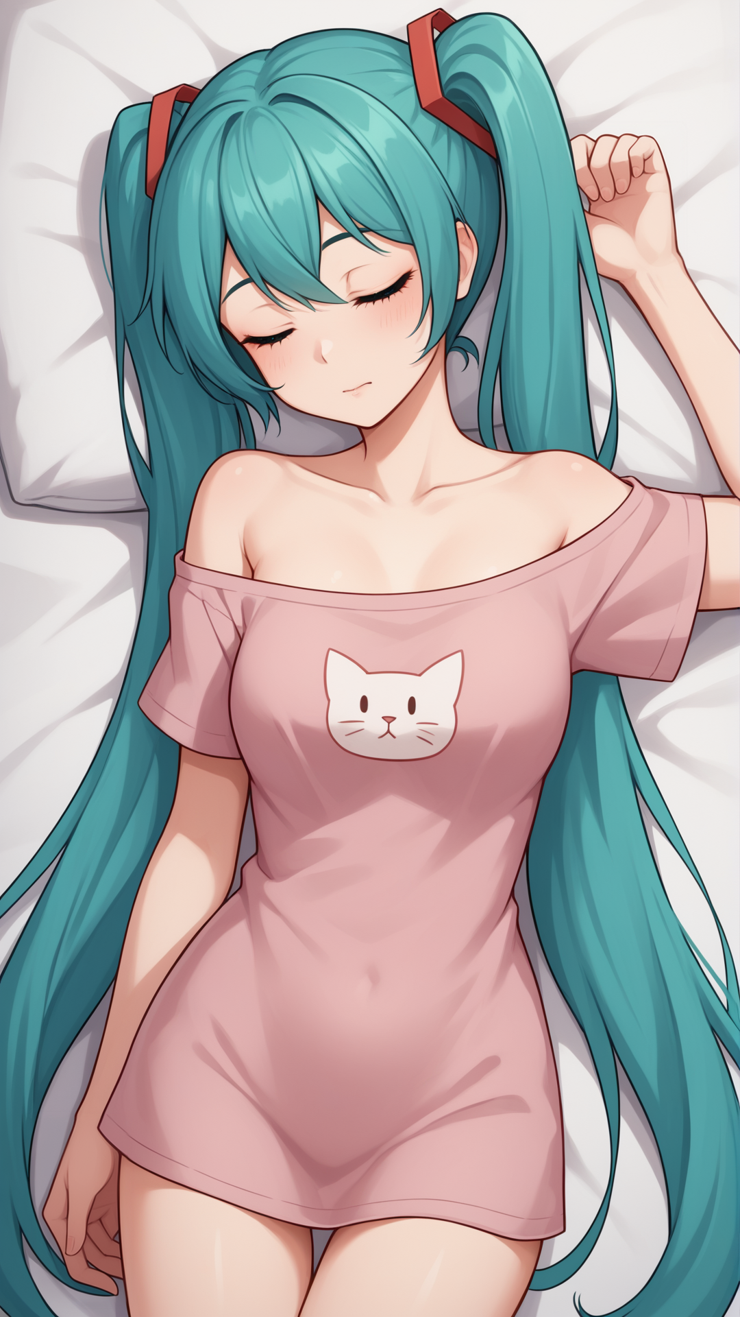 score_9, score_8_up, score_7_up, BREAK source_anime, best quality, masterpiece, ultra detailed,
<lora:Everlasting_Summer_Miku_by_GraffMetal:0.7>, miku, aqua hair, aqua eyes, twintails, long hair, very long hair, 1girl, solo,
black eyeliner cat eye,
pink Ð´ÑÑÐ¿ oversized t shirt, legs, closed eyes, lying in the bed, on back, sleeping, bare shoulder,