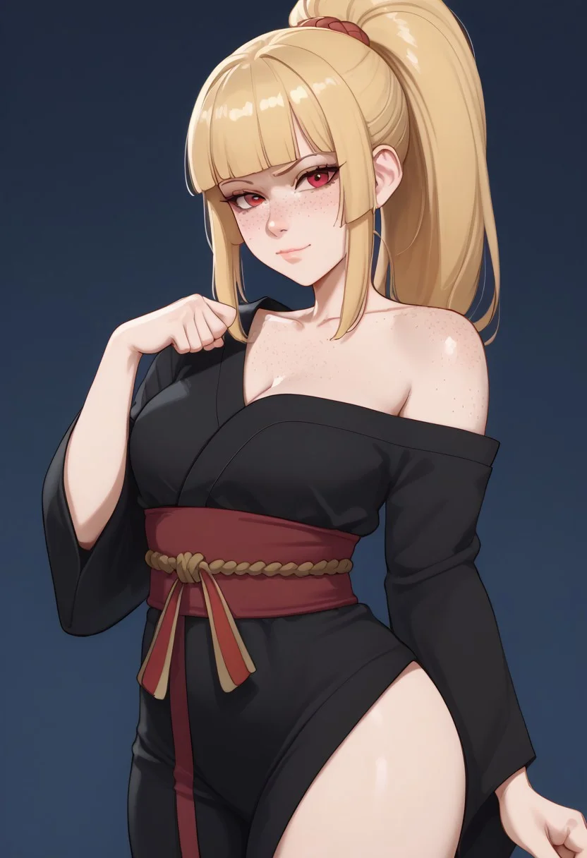 score_9_up, chloe (sciamano240), (freckles), (freckles on chest), (freckles on hips), (freckles on belly), (freckles on arms), (freckles on thighs), (freckles on stomach), (freckles on shoulders), 1girl, black kimono, off shoulder, ponytail, blonde hair, red eyes, (blunt bangs), upper body, (upper:2.0), japanese clothes, growling stomach, close-up, pov, hand on own stomach, [arms up], freckles, hungry, belly grab, side angle, naughty face, embarrassed, (from side),