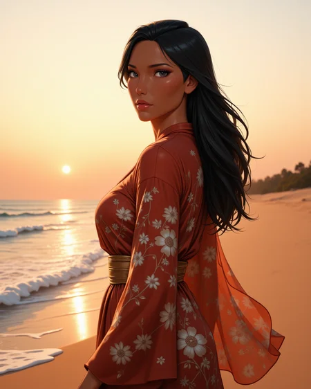 cowboy shot, looking at viewer, outdoors daylight, Jealous with narrowed eyes, a forced smile, and a tense, sideward glance.
A woman walks along the sandy shore, the waves gently lapping at her feet as she watches the horizon, where the sun begins to dip below the waterline. in a dynamic pose
<lora:Disney_-_Pocahontas_v2-000030:1> d-pocahontas a 20 year old adult woman with black eyes, black hair and dark skin. Chiffon kimono with wide sleeves, a wrap-around waist, and a floral print design