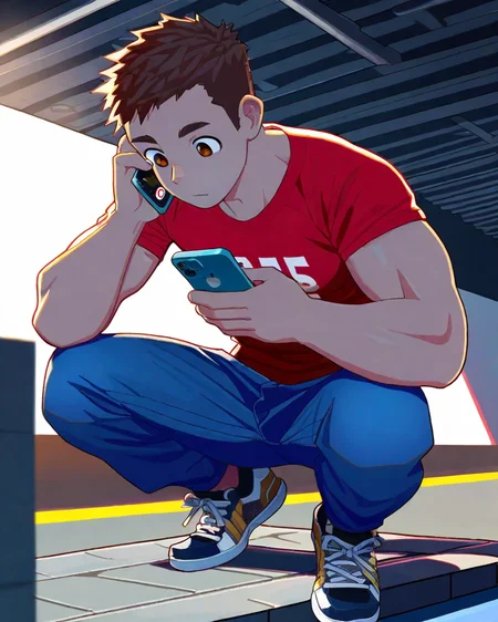 masterpiece, best quality, amazing quality, 1boy, solo, masterpiece, best quality, Brown Hair, Brown Eyes, red t-shirt, blue raglan sleeves, number 11 on shirt, blue pants, sneakers, squatting, on roof ledge, perching, smartphone, on phone, volumetric lighting, <lora:Bree_Style-000019:0.6>, breeze style, muscular man,