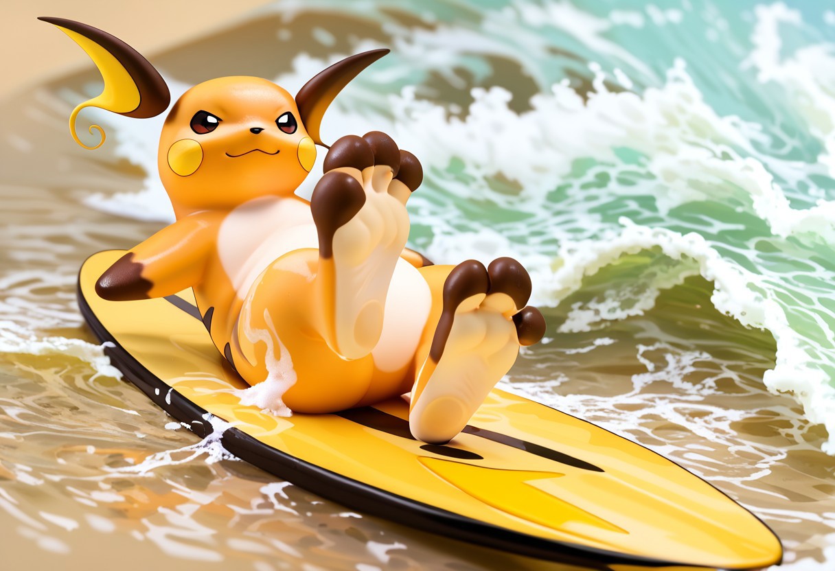 score_9, score_7_up, source_furry, rating_safe, solo,  <lora:POKEMON_RAICHU_r1:1> raichu, pokemon, brown toes, brown feet, tan soles, pokemon (creature), 3 toes, foot focus, feet style, foot style, water, surfing, feet on surfboard, wet on feet, close-up