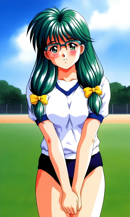 general,highres, ultra-detailed,very aesthetic,best quality ,best hands, BREAK <lora:Kisaragi_Mio_Tokimeki_Memorial_Ver2.0_IS:1>
Kisaragi_Mio(Tokimeki_Memorial), 1girl, solo, green hair, long hair, green eyes, hair over shoulder, twintail, Yellow bow, hair bow, low-tied long hair, medium breasts,
over-rim eyewear,
blush, v arms,
gym uniform,white shirt, dark blue buruma,
outdoor, grass, sky,