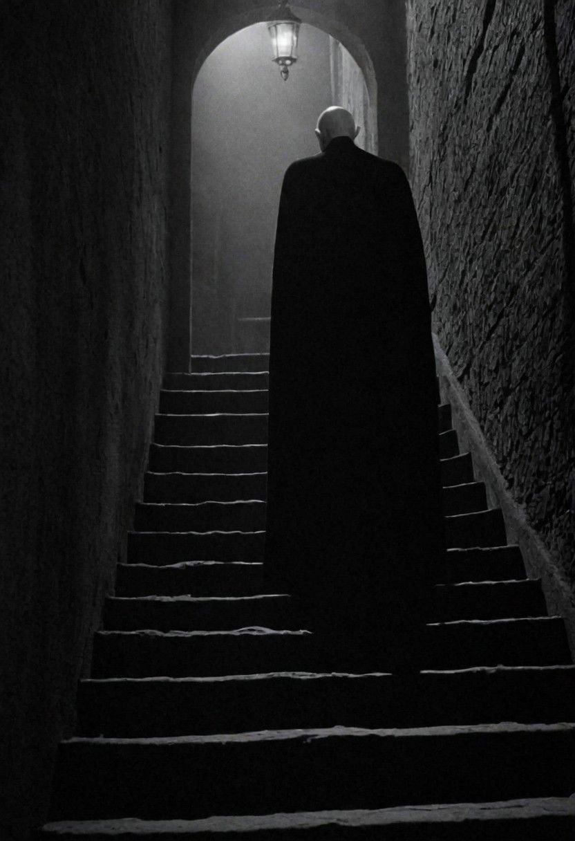 cinematic, ((black and white, monochrome, greyscale)), side view, The year is 1922 and as you sleep in your chambers, a malevolent force creeps up the stairs towards you. This entity has had many names over the years but the one being used for it tonight is Nosferatu. Ugly and twisted, it desires nothing but blood and tonight, it shall feast. noise, detailed, high quality, cinematic lighting, contrast, heavy dynamic shadows, atmospheric,