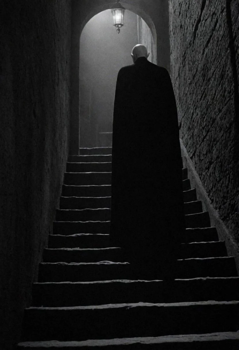 cinematic, ((black and white, monochrome, greyscale)), side view, The year is 1922 and as you sleep in your chambers, a malevolent force creeps up the stairs towards you. This entity has had many names over the years but the one being used for it tonight is Nosferatu. Ugly and twisted, it desires nothing but blood and tonight, it shall feast. noise, detailed, high quality, cinematic lighting, contrast, heavy dynamic shadows, atmospheric,