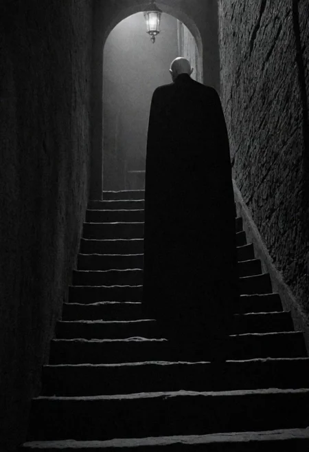 cinematic, ((black and white, monochrome, greyscale)), side view, The year is 1922 and as you sleep in your chambers, a malevolent force creeps up the stairs towards you. This entity has had many names over the years but the one being used for it tonight is Nosferatu. Ugly and twisted, it desires nothing but blood and tonight, it shall feast. noise, detailed, high quality, cinematic lighting, contrast, heavy dynamic shadows, atmospheric,