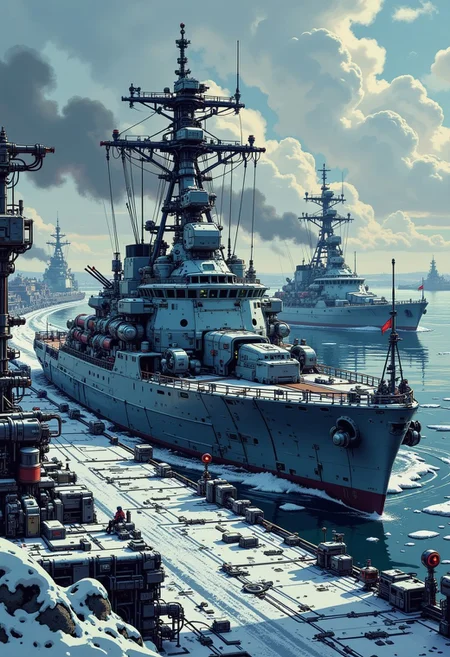 in the style of ck-mgs, A digital artwork in the style of cknc, a_skynet_cyberdyne_craft, the image is featuring a futuristic, highly advanced sci-fi naval base, with two enormous gun turrets, and several military buildings. Naval ships in winter camouflage of grey and white paint are moored against the dock, winter, snow on the ground, small ice floes, stormy sky, directional weak sunlight, dutch angle