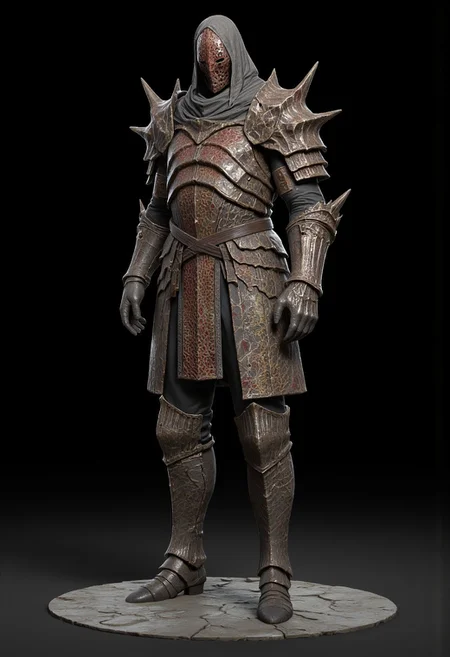 A warrior wearing buckly and sharp angled distinctive brutalist forms armor crafted from mithril - the fossilized remains of ancient minerals. The armor showcases the characteristic iridescent patterns and vibrant colors of mithril , with deep reds and earthy browns creating natural striped patterns across the chest piece and leg guards. The armor design appears layered and segmented, mimicking the natural formation of the fossilized mithril , with each piece carefully shaped to protect while maintaining flexibility. Heavy pauldrons and a thick neck guard provide additional protection, while the overall silhouette remains robust and imposing. The armor is complemented by mithril pants and brutalist imposing boots at the base. The natural, mineral patterns of the mithril create an armor set that looks both prehistoric and rocky, with the metallic sheen of the fossilized mithril catching the light against the black backdrop.
Their face is obscured by a mask with screwdriver shaped holes.
Standing on a flat gray ground and black background, the camera angle is high rotated at a 45 degree angle
Set against a solid dark black color background to emphasize its unnatural form that emphasizes its silhouette. The medium is not a traditional painting or illustrative medium like watercolor or ink but rather a digital 3D rendering.
MikeFranchinastyle, bbstyle,, horror theme,, ZBClay model of a gray sculpture, zbrush, d4arks0uls, overcast lighting, jedioutfit