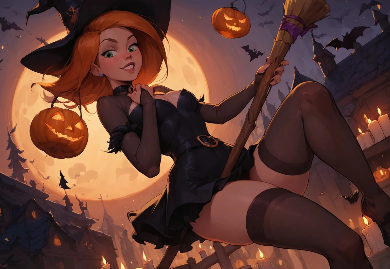 safe_pos, score_9, score_8_up, score_8_up, godrays, Halloween party, spooky, cute ghosts, costume, pumpkins, candles, Kim Possible, 30 years old, orange hair, witch, flying, on broom, black cat, freckles, sexy, witch outfit, party, pumpkins, jack-o'-lantern, dynamic angle,