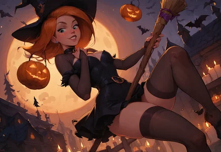 safe_pos, score_9, score_8_up, score_8_up, godrays, Halloween party, spooky, cute ghosts, costume, pumpkins, candles, Kim Possible, 30 years old, orange hair, witch, flying, on broom, black cat, freckles, sexy, witch outfit,  party, pumpkins, jack-o'-lantern, dynamic angle,
