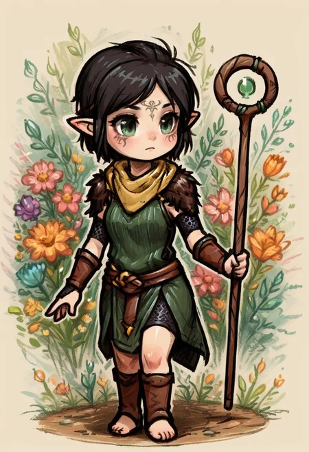 score_9, score_8_up, score_7_up, 1girl, solo, SulfS-M3rr1LL, pointy ears, face tattoo, facial mark, short hair, black hair, green eyes,
chainmail sleeves,green tunic, yellow scarf, fur trimmed shoulder pads, leather bracers,
detailed background, chibi, holding staff,
<lora:Merrill_Dragon_age_2-000008:0.8>, <lora:Sketch-j_XL_6:0.8>,