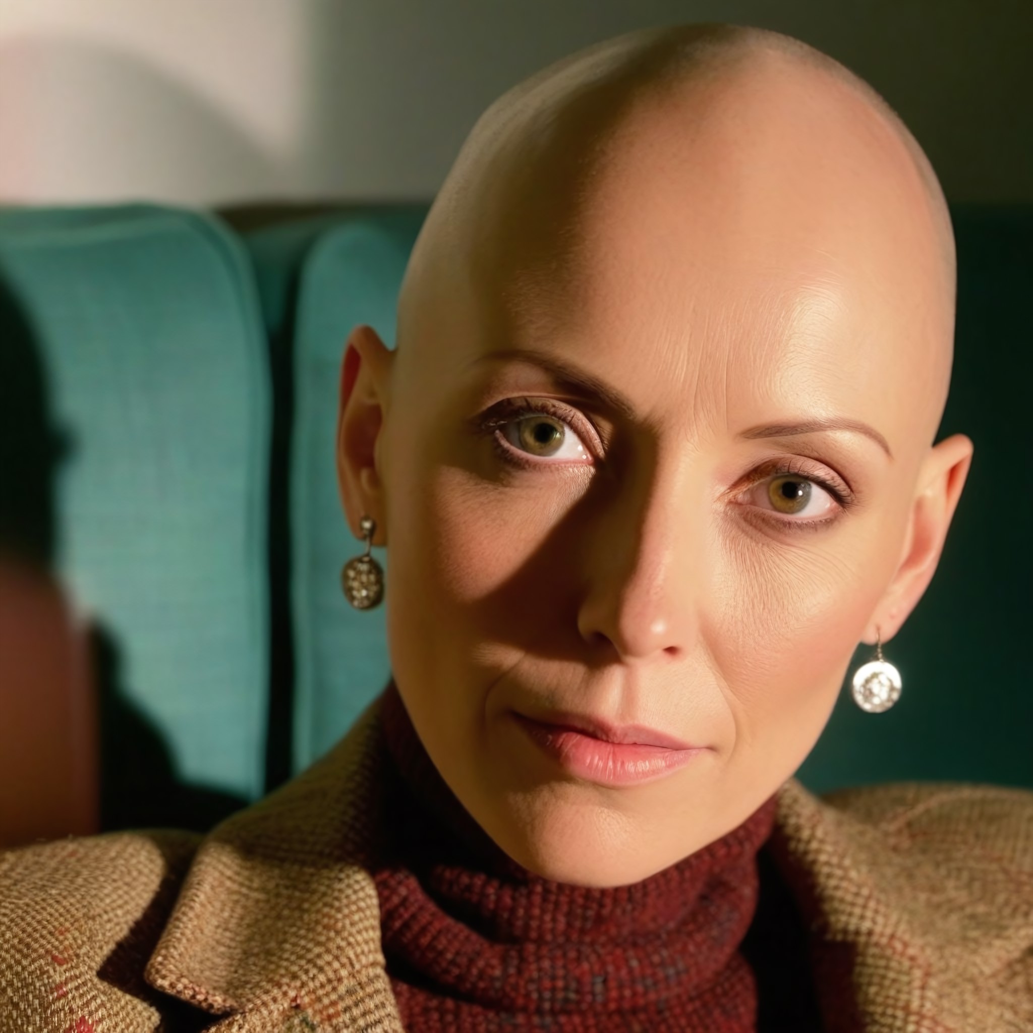analog film, close up photo portrait of woman about 40 years old, head completely bald, no makeup, natural skin, silver earrings, striking very pale eyes, unconventionally attractive, engaging, sitting on sofa in photo studio, half of her face is spotlit, the other half is in shadow, tweed jacket, rich dark red turtleneck, shallow depth of field, long shadows, film grain, bokeh, light leaks, cinematic shot
