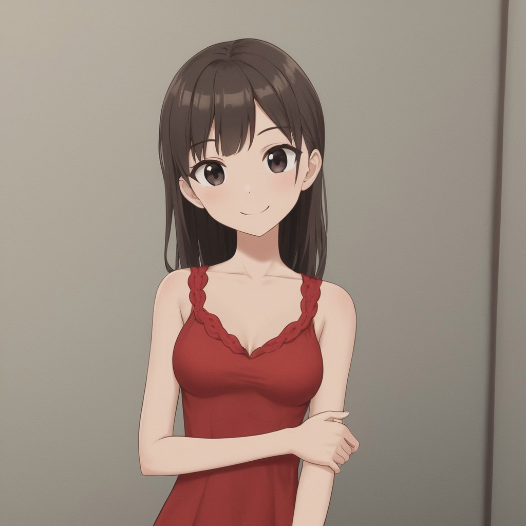 Cute red dress, medium breasts,,smiling, waiting at viewer, slim, petite, pretty