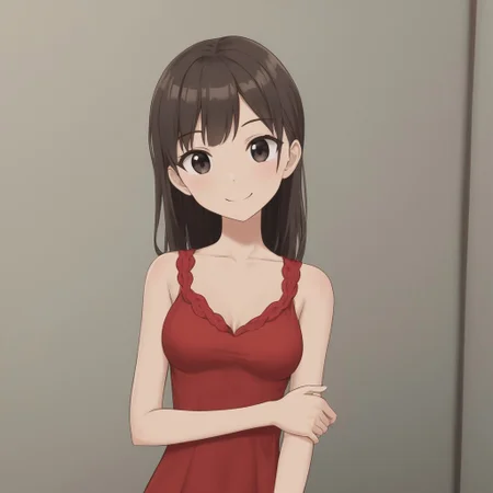 Cute red dress, medium breasts,,smiling, waiting at viewer, slim, petite, pretty