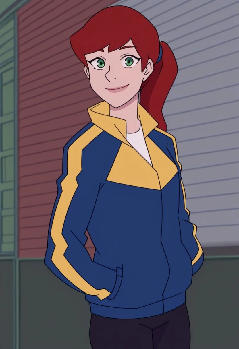 score_9, 1girl, solo, maryjaneMS, red hair, ponytail, green eyes, blue jacket, white shirt, black pants, looking at viewer, smile, cowboy shot, hands in pockets