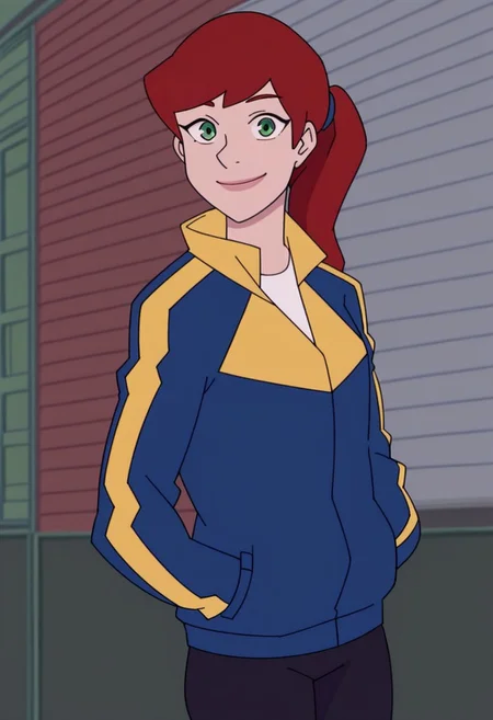 score_9, 1girl, solo, maryjaneMS, red hair, ponytail, green eyes, blue jacket, white shirt, black pants, looking at viewer, smile, cowboy shot, hands in pockets