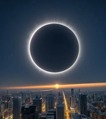 <lora:3cl1p53_02PN-000010:0.8>,(3cl1p53 style),a photograph of (3cl1p53 eclipse:1.2) (rising high in the sky above),with a (city skyline at night:1.4),surrounded by bright solar corona,